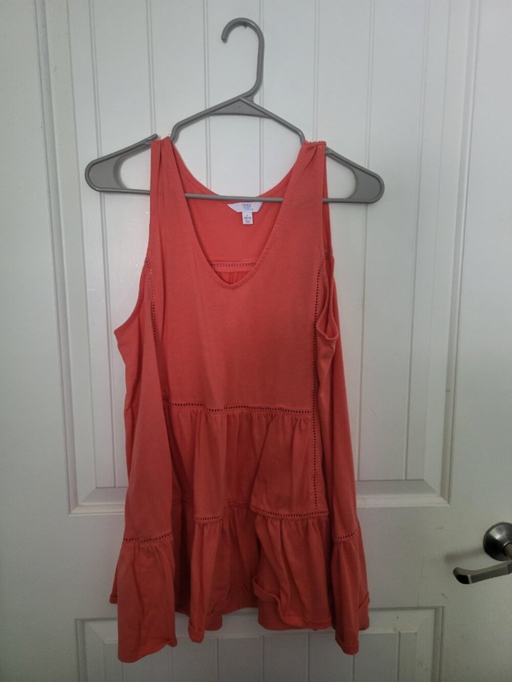Time and Tru L 12-14 Coral Tiered Sleeveless Tunic V Neck Top